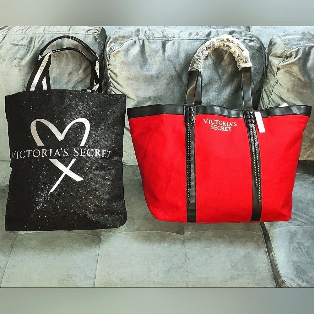 VICTORIA'S SECRET FASHION SHOW 2017 BLACK GLITTERY TOTE RED HOBO / WEEKENDER NWT